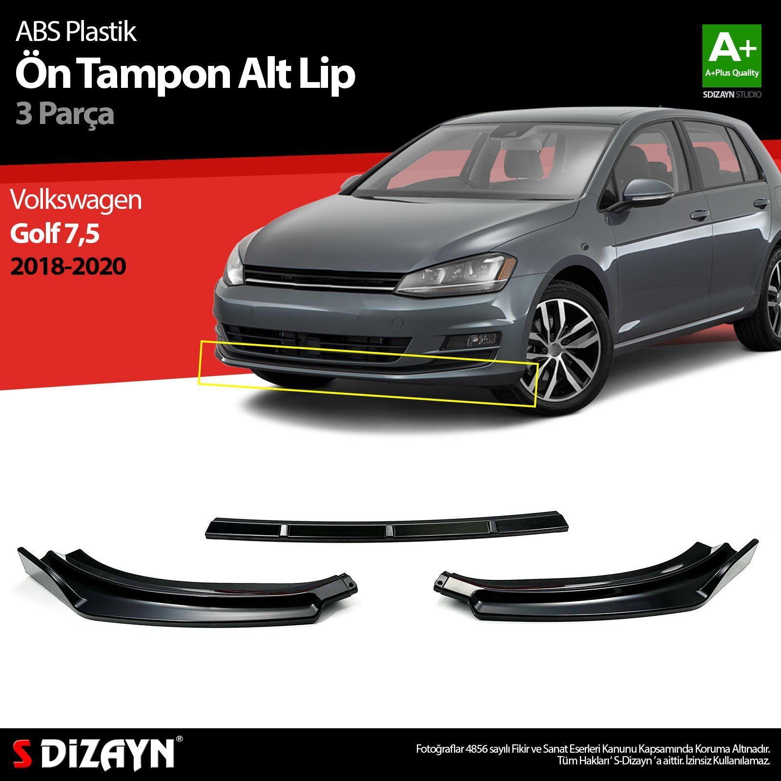 Volkswagen Golf Uyumlu 7,5 ABS Plastik Ön Tampon Alt Lip 3 Parça. 2018-2020 A+Kalite Parça