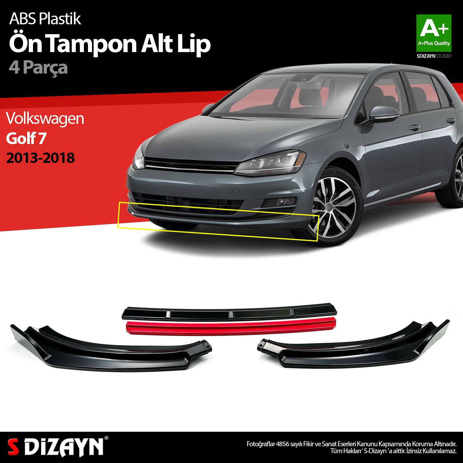 Volkswagen Golf Uyumlu 7 ABS Plastik Ön Tampon Alt Lip Kırmızı Ekli 4 Parça. 2013-2018 A+Kalite Parça