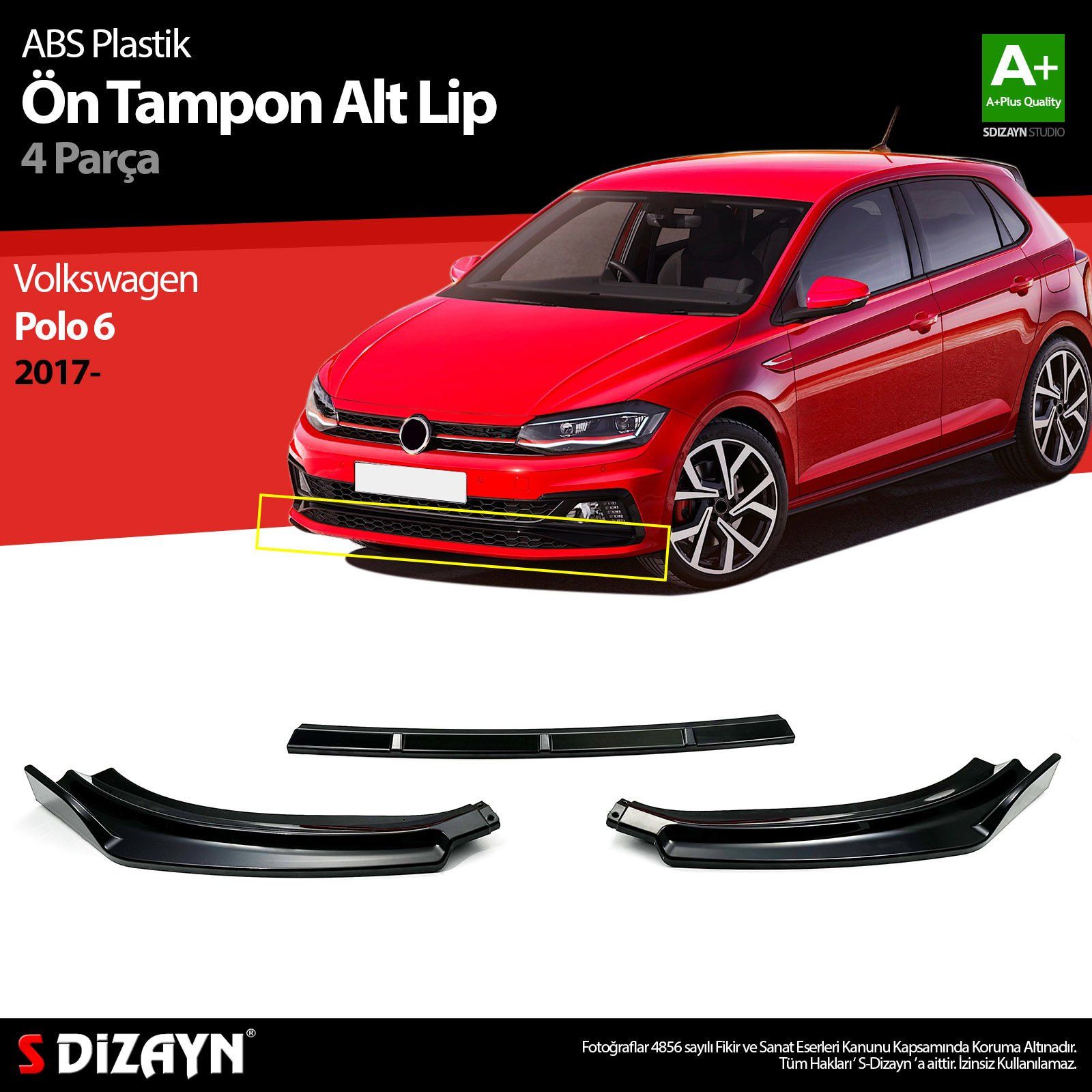 Volkswagen Polo Uyumlu 6 ABS Plastik Ön Tampon Alt Lip 3 Parça. 2017 Üzeri A+Kalite Parça