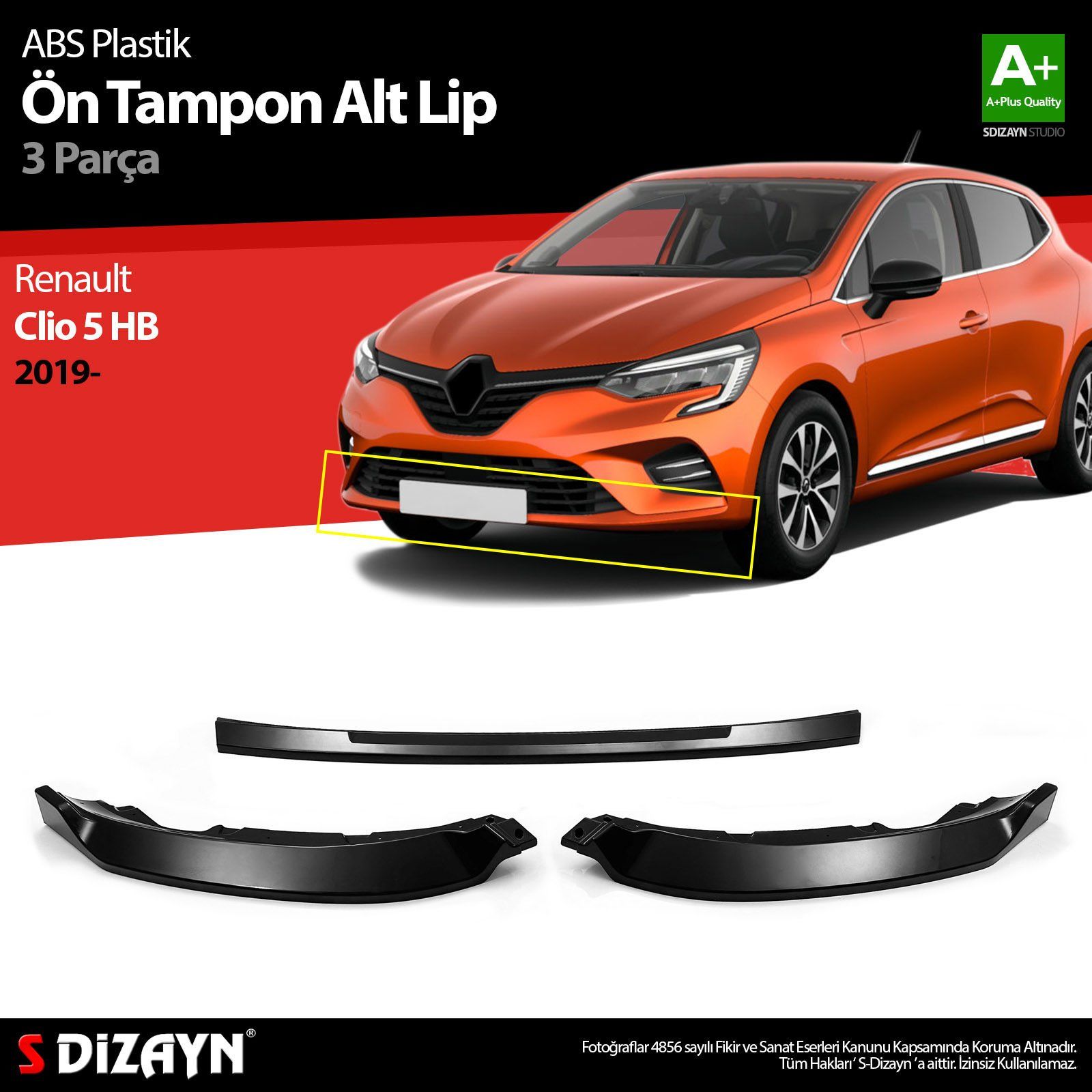 Renault Clio Uyumlu 5 Hatchback ABS Plastik Ön Tampon Alt Lip 3 Parça. 2019 Üzeri A+Kalite Parça