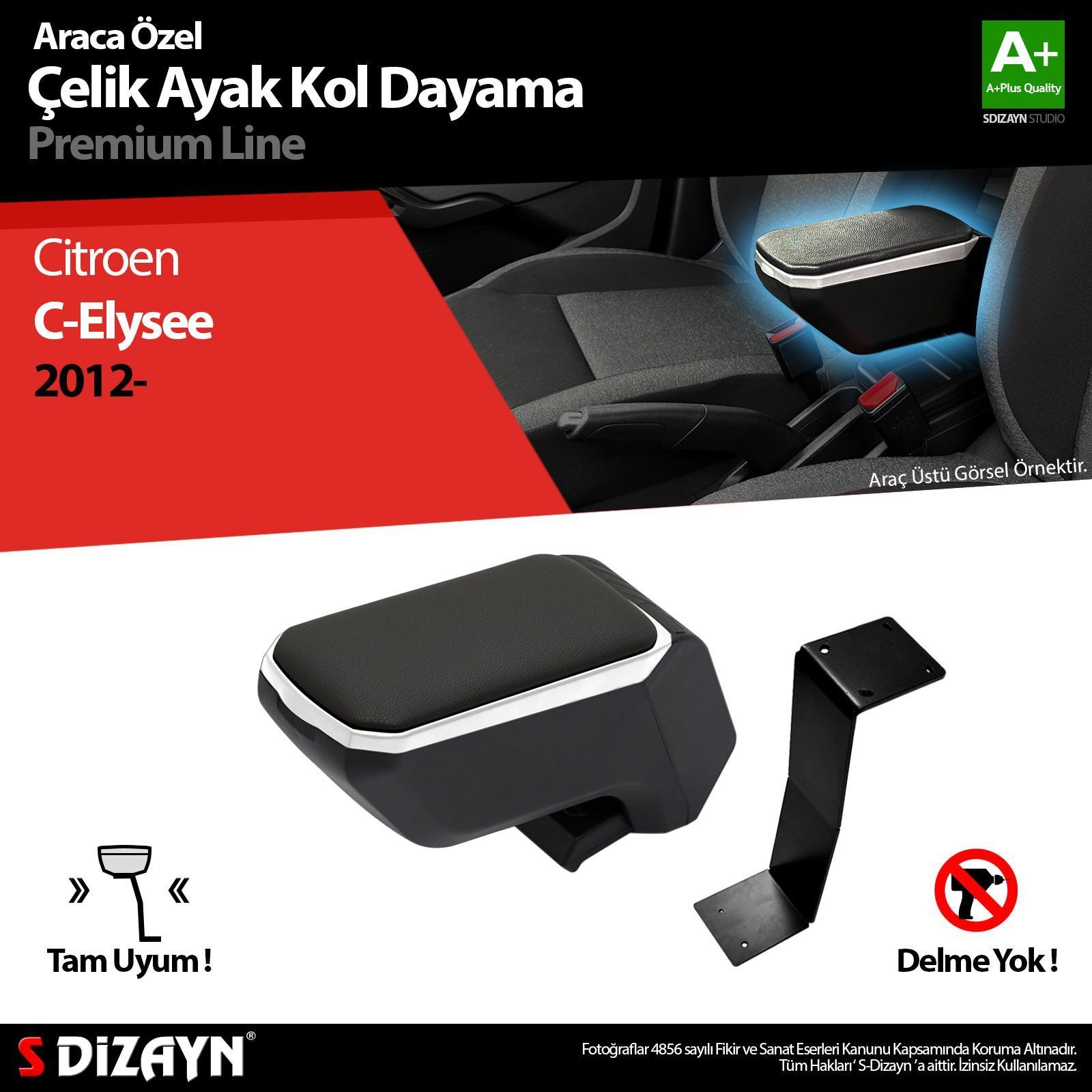 Citroen C-Elysee Uyumlu Kol Dayama Kolçak Çelik Ayaklı ABS Gri 2012 Üzeri A+Kalite Parça