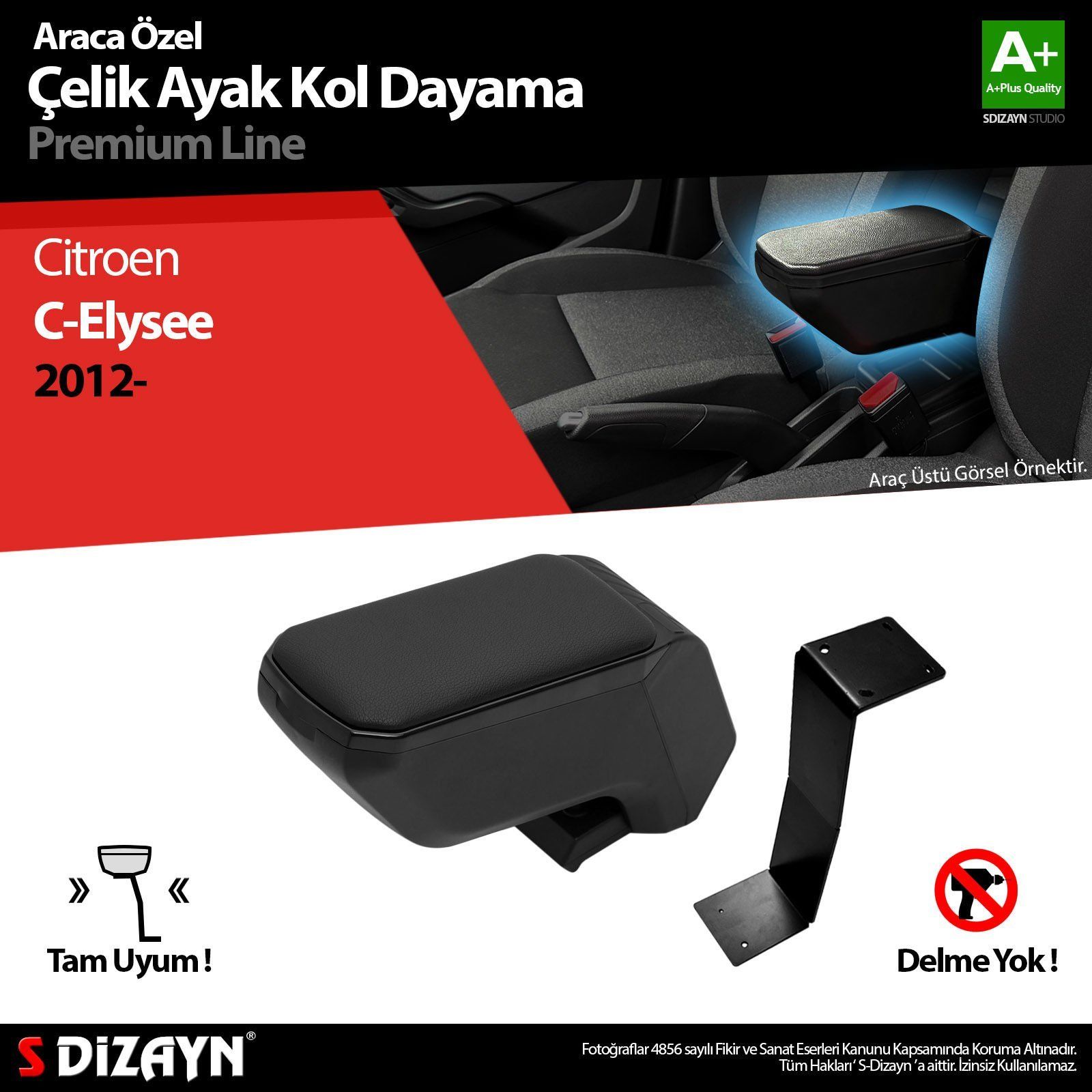 Citroen C-Elysee Uyumlu Kol Dayama Kolçak Çelik Ayaklı ABS Siyah 2012 Üzeri A+Kalite Parça