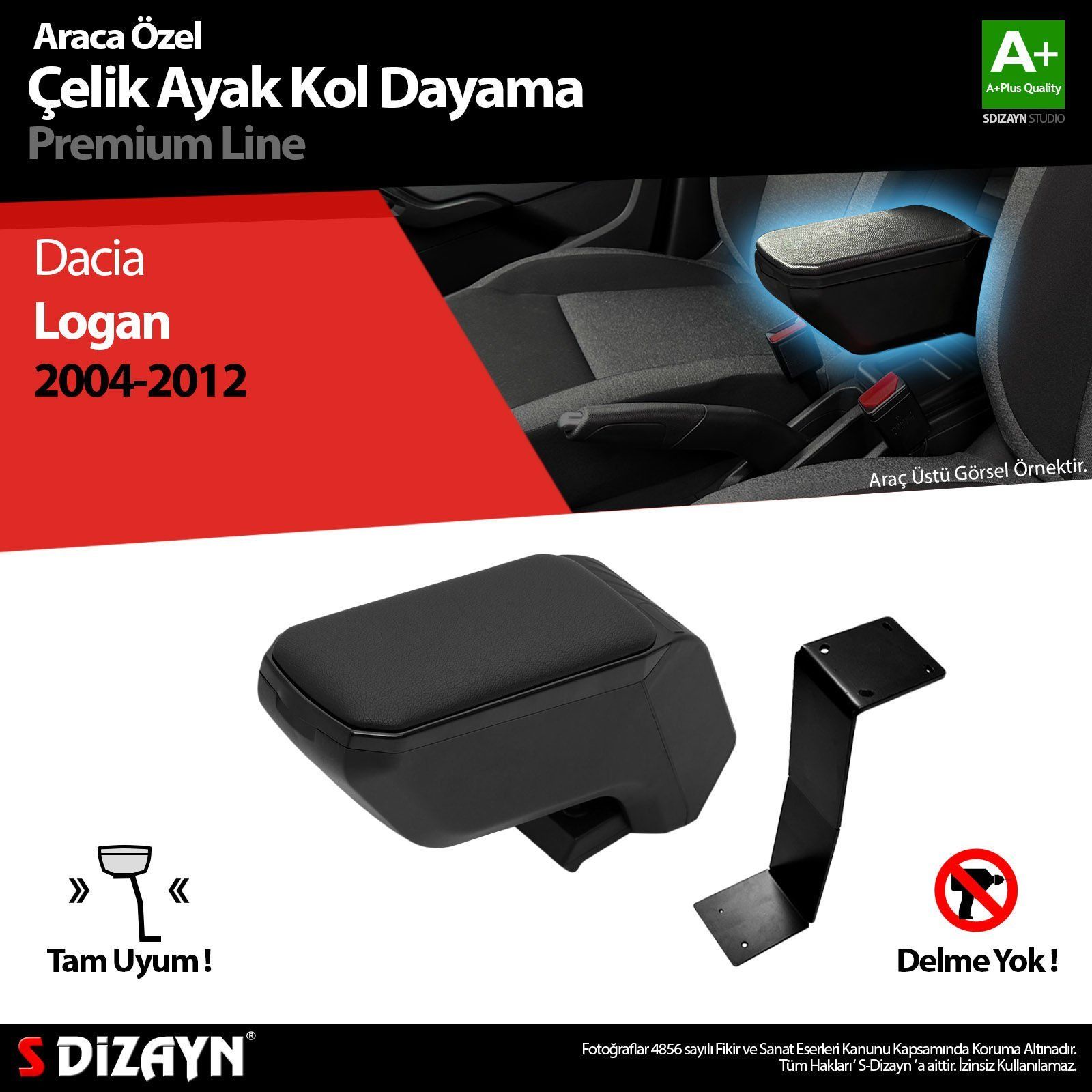 Dacia Logan Uyumlu Kol Dayama Kolçak Çelik Ayaklı ABS Siyah 2004-2012 A+Kalite Parça