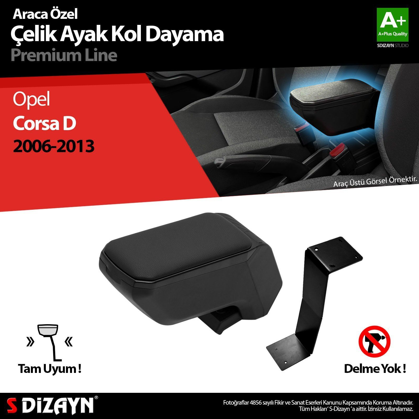 Opel Corsa Uyumlu D Kol Dayama Kolçak Çelik Ayaklı ABS Siyah 2006-2013 A+Kalite Parça