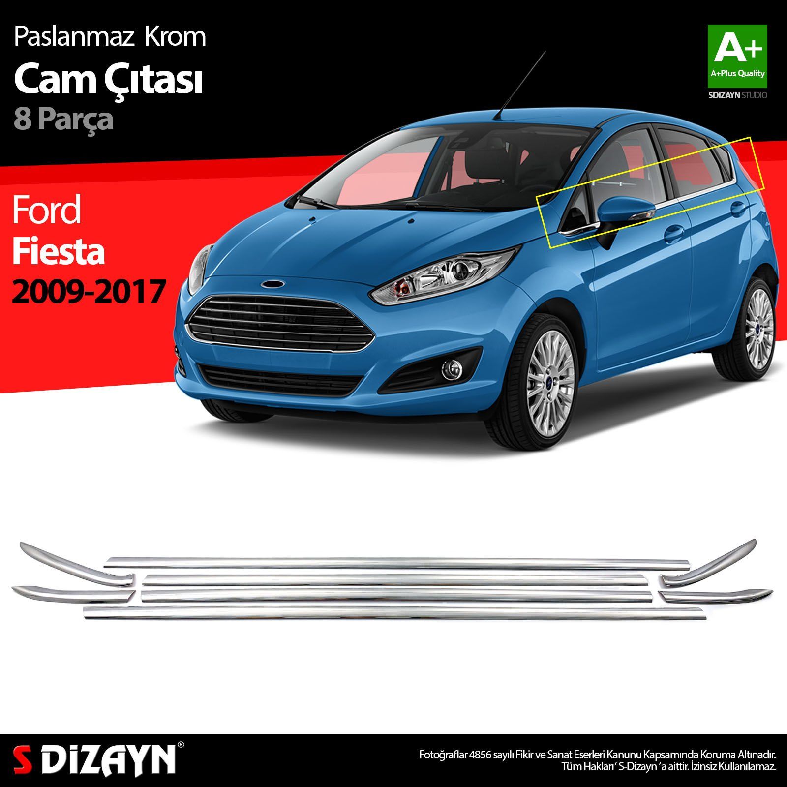 Ford Fiesta Uyumlu Krom Cam Çıtası 8 Parça 2009-2017