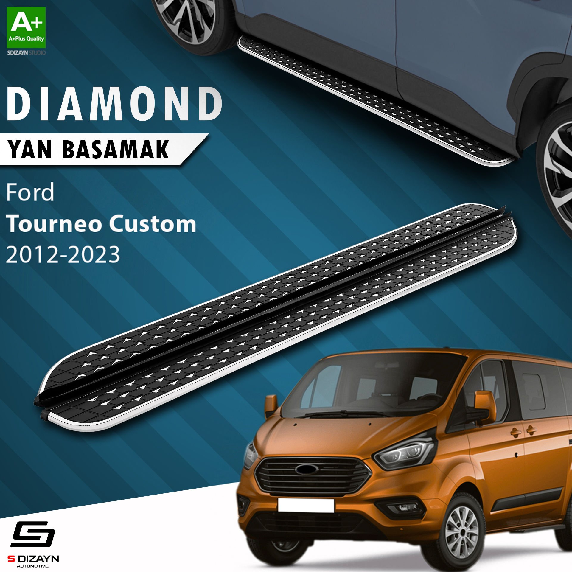 S-Dizayn Ford Tourneo Custom Kısa Şase Diamond Krom Yan Basamak 203 Cm 2012-2023