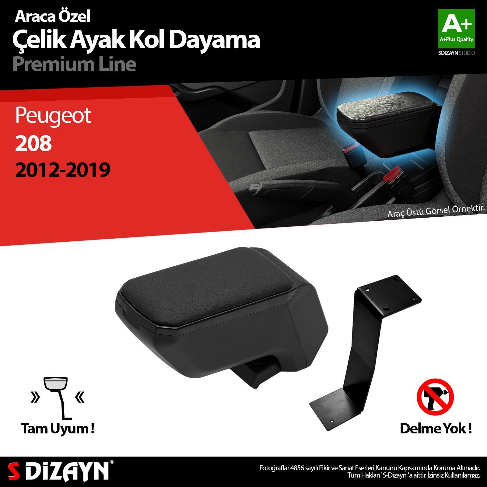 Peugeot 208 Uyumlu Kol Dayama Kolçak Çelik Ayaklı ABS Siyah 2012-2019 A+Kalite Parça