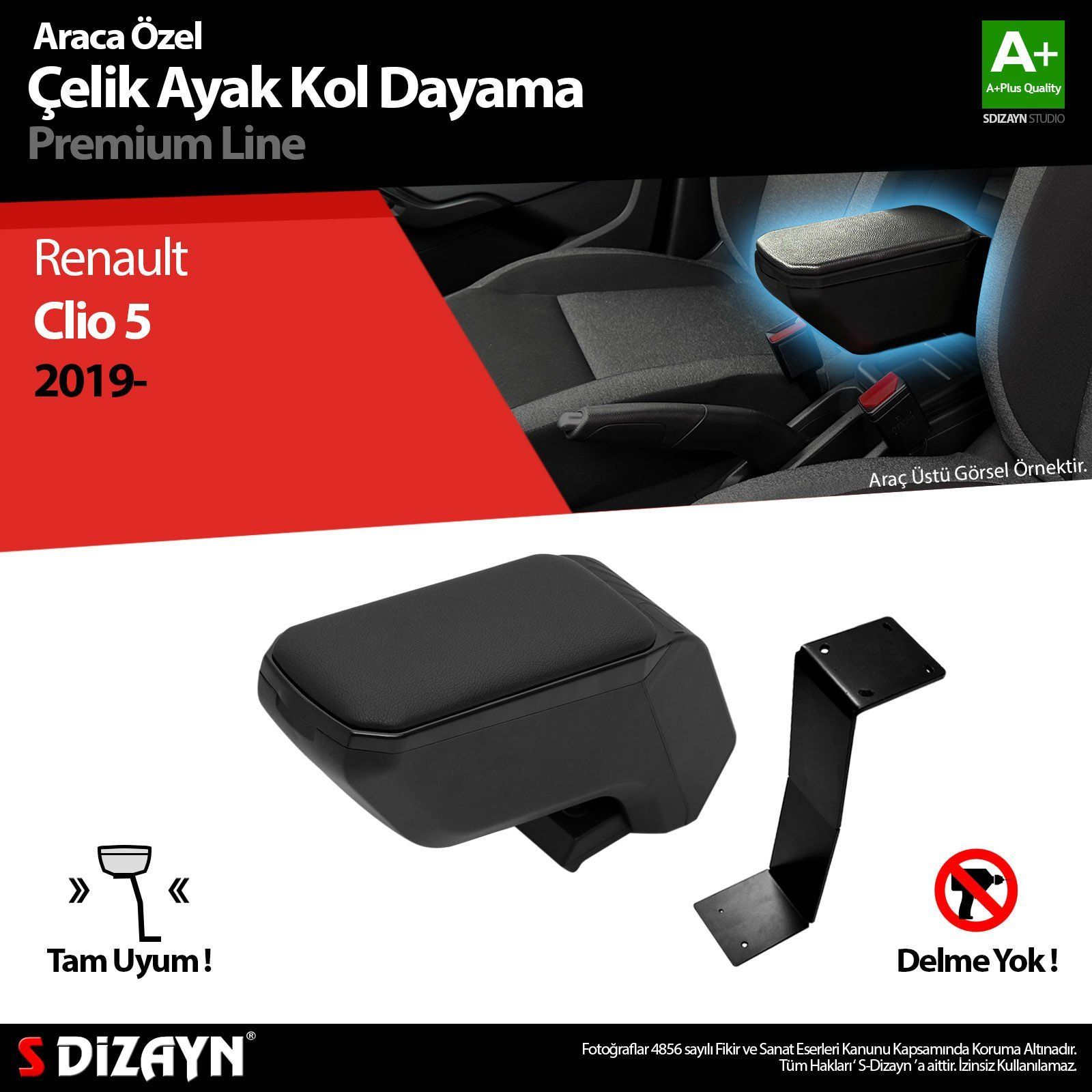 Renault Clio Uyumlu 5 Kol Dayama Kolçak Çelik Ayaklı ABS Siyah 2019 Üzeri A+Kalite Parça