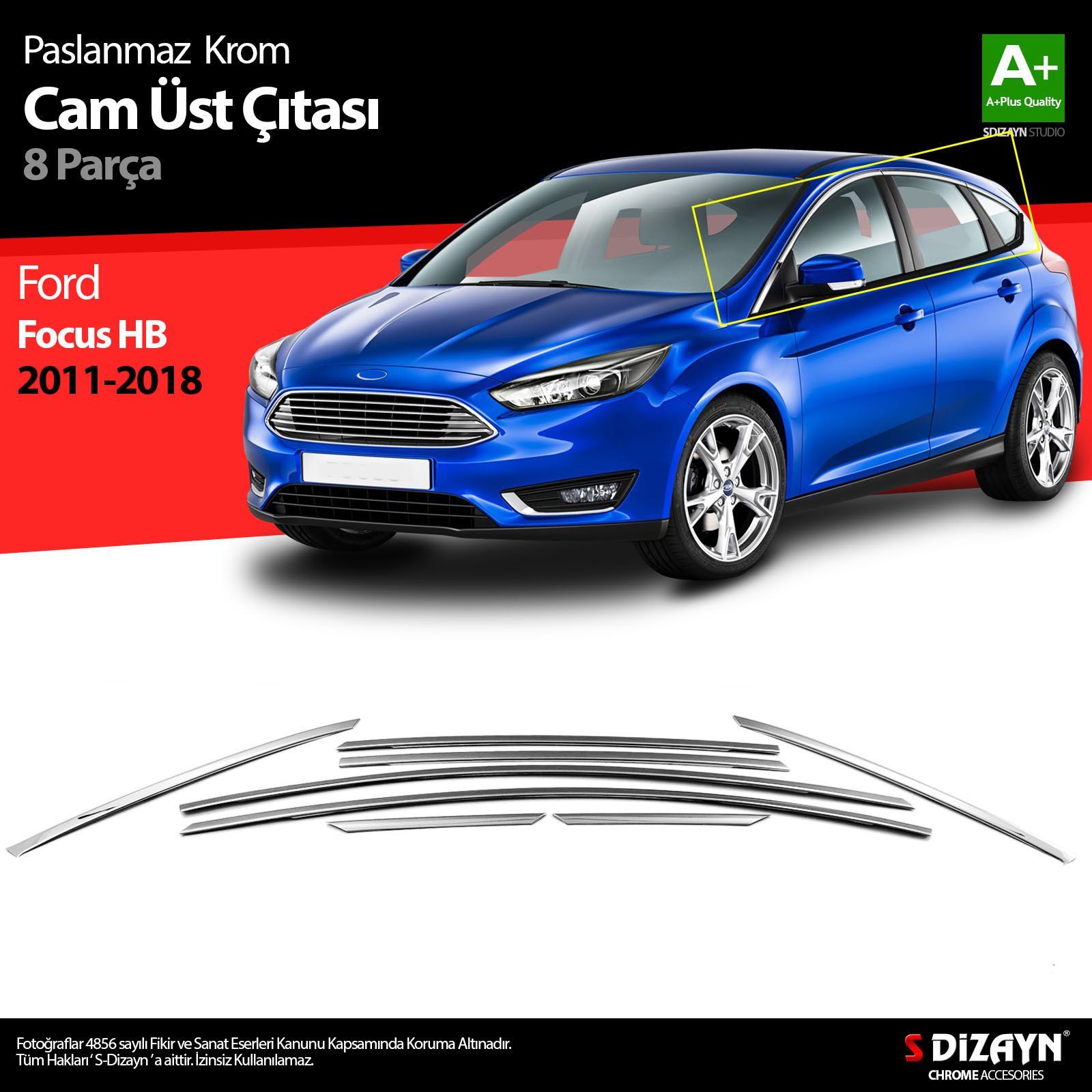 Ford Focus Uyumlu 3 Hatchback Krom Cam Üst Çıtası 8 Parça 2011-2018