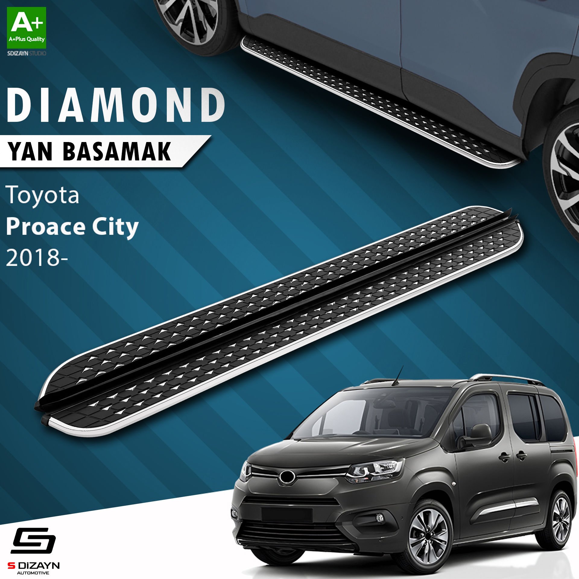 S-Dizayn Toyota Proace City Uzun Şase Diamond Krom Yan Basamak 213 Cm 2018 Üzeri