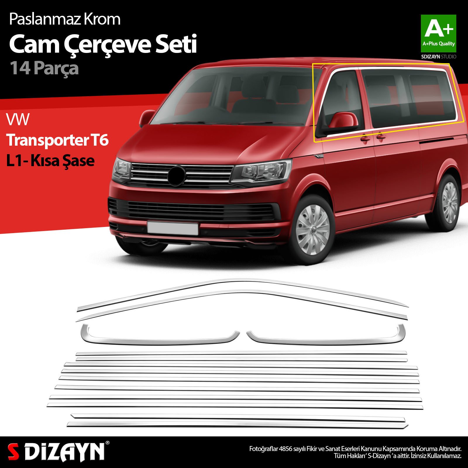 S-Dizayn VW Transporter T6 Kısa Şase Krom Cam Çerçeve Seti 2015-2024 Tek Sürgü