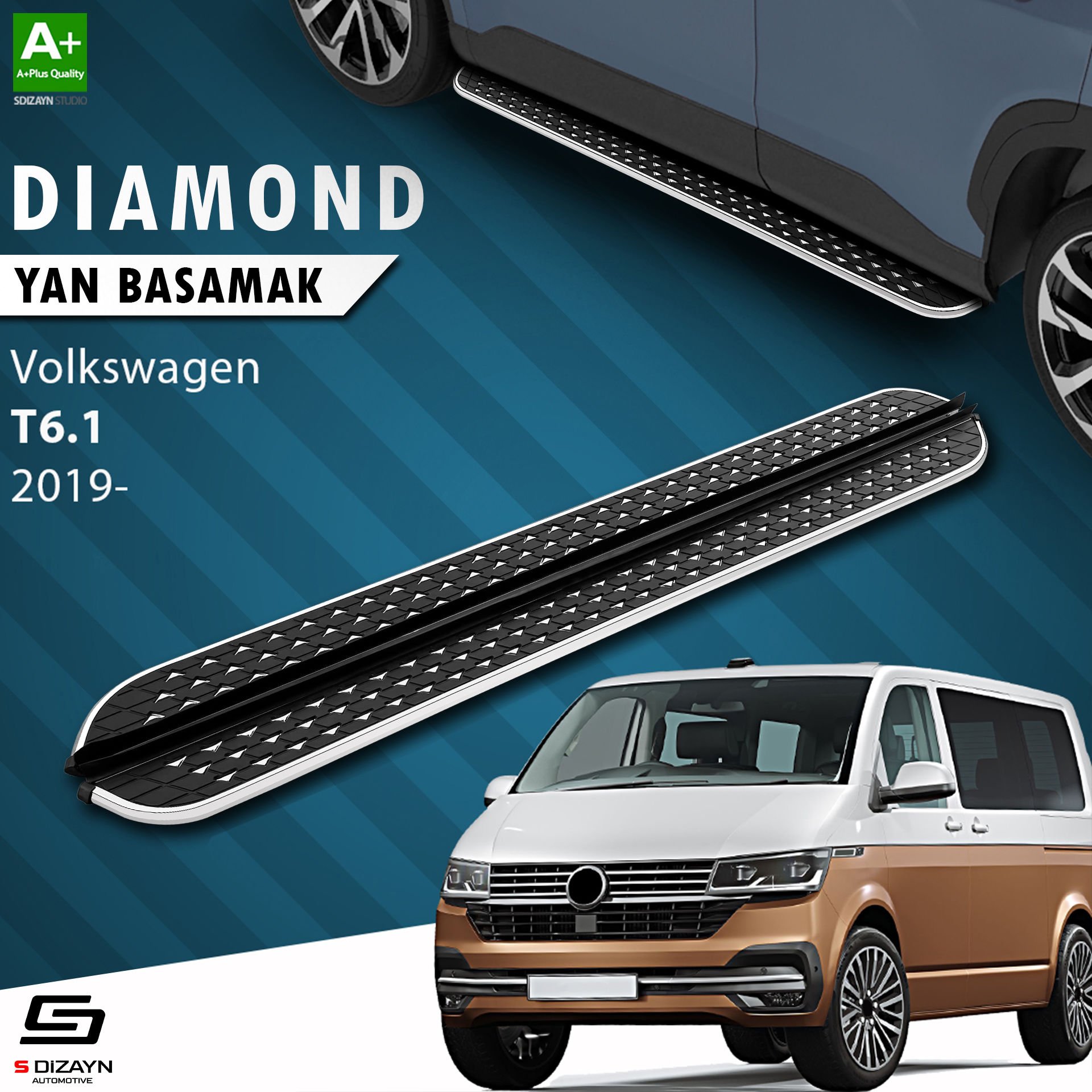 S-Dizayn VW Transporter T6.1 Kısa Şase Diamond Krom Yan Basamak 213 Cm 2019 Üzeri