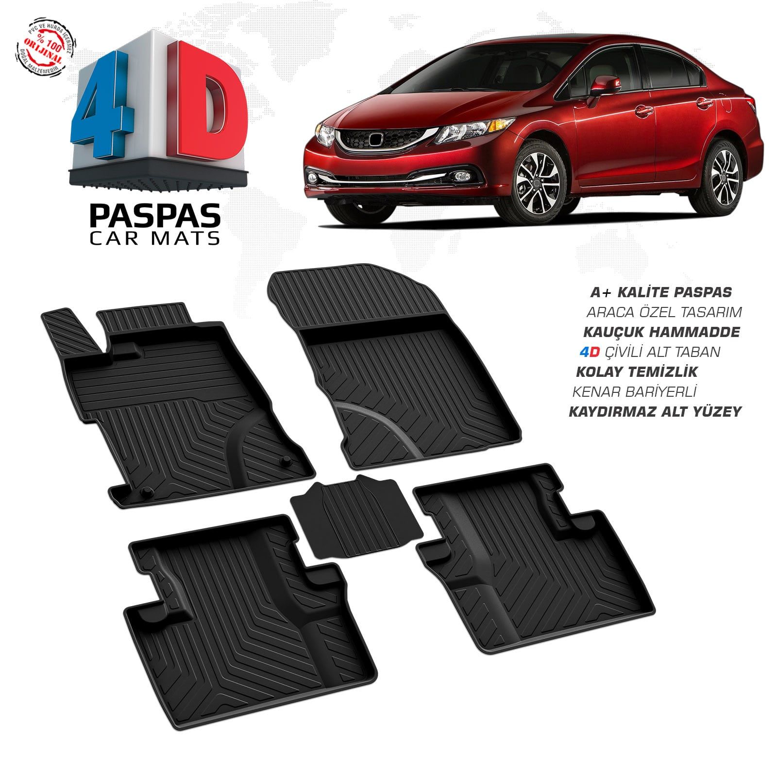 Honda Civic SD 4D Araca Özel Havuzlu Kauçuk Paspas 2012-2016