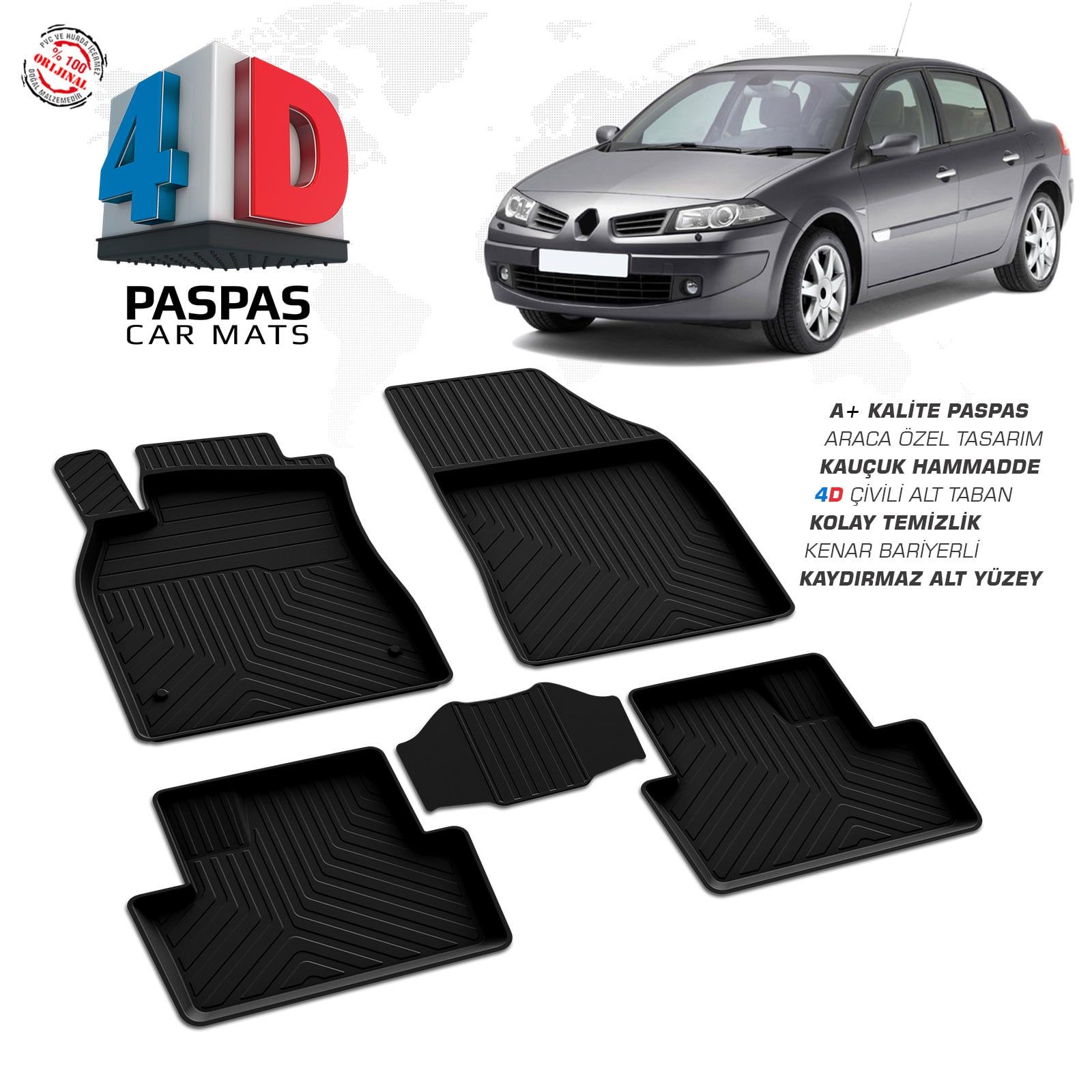 Renault Megane 2 SD 4D Araca Özel Havuzlu Kauçuk Paspas 2002-2008