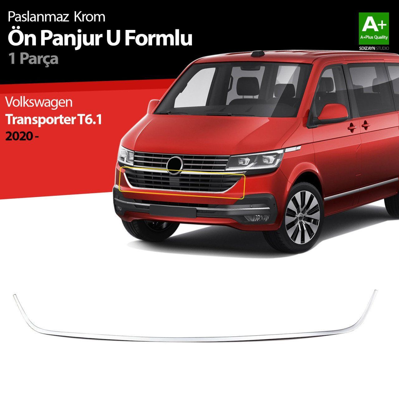 Volkswagen Transporter Uyumlu T6.1 Krom U Formlu Ön Panjur Çıtası 2020 Üzeri