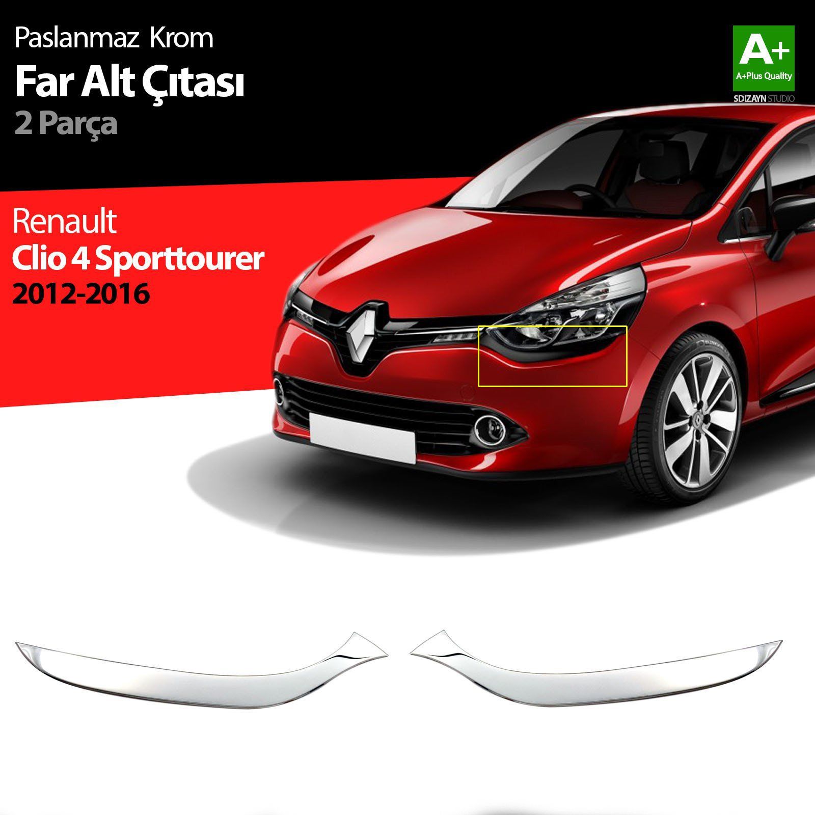 Renault Clio Uyumlu 4 Sport Tourer Krom Far Alt Çıtası 2 Parça. 2012-2016