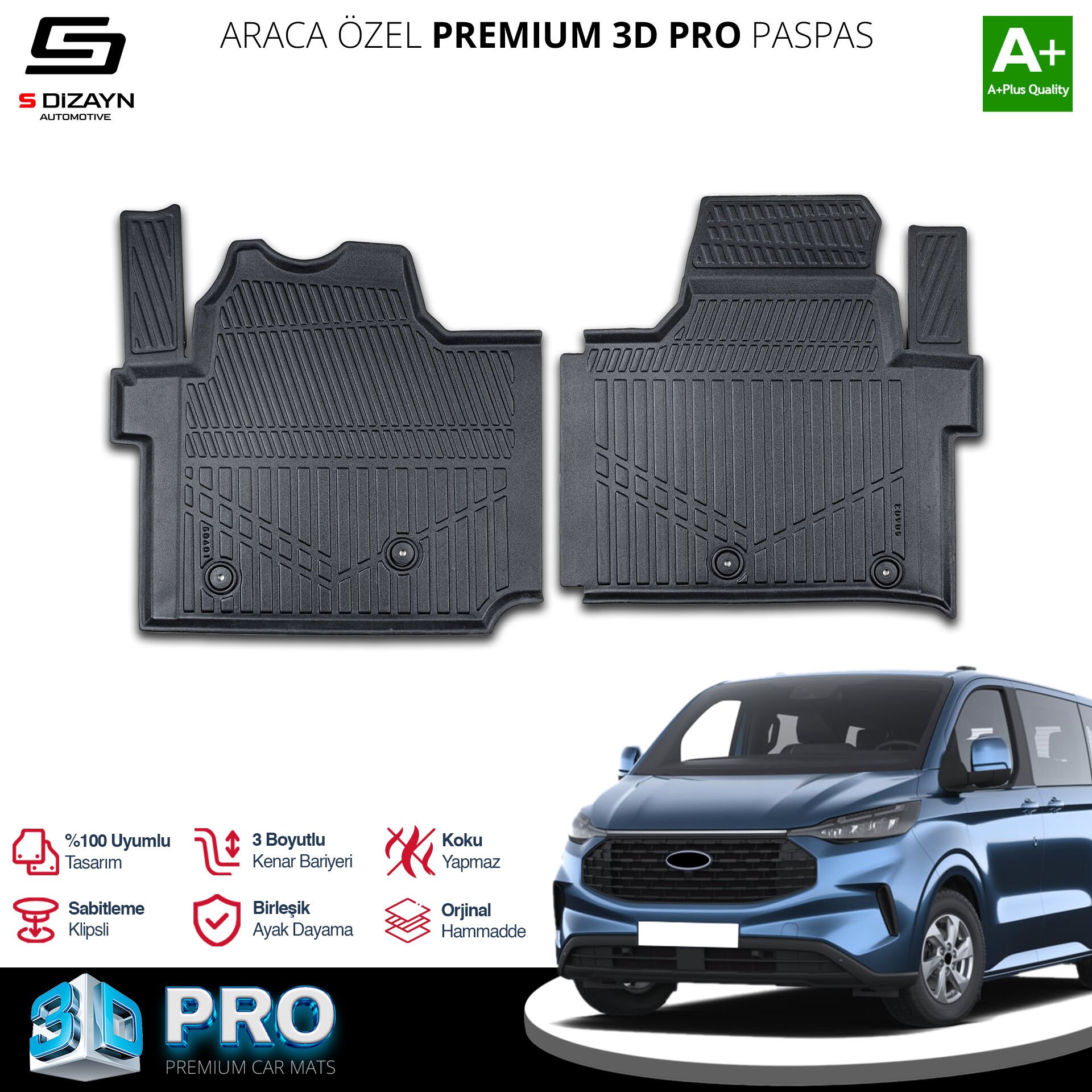 S-Dizayn Ford Tourneo Custom 3D Pro Havuzlu Paspas 2024 Üzeri A+ Kalite