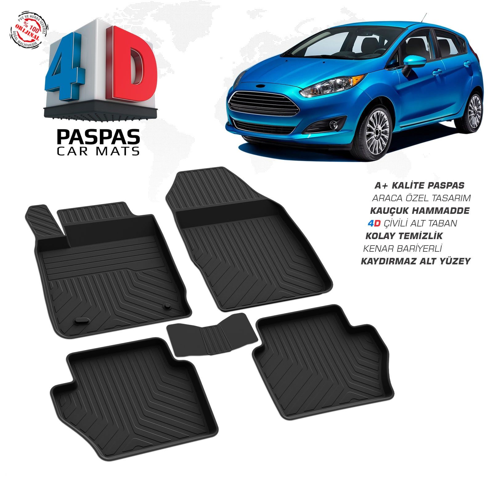 Ford Fiesta 4D Araca Özel Havuzlu Kauçuk Paspas 2015-2017