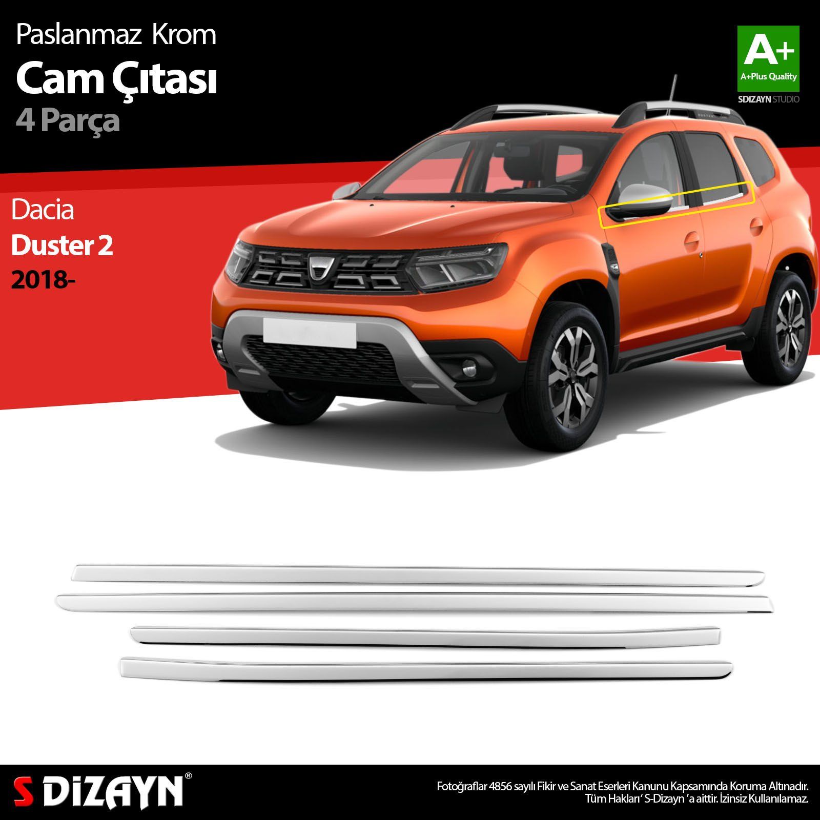 Dacia Duster Uyumlu Krom Cam Çıtası 4 Parça. 2018 Üzeri Parça