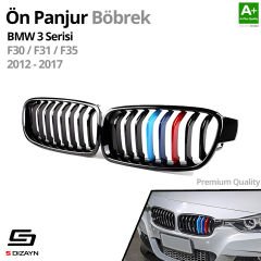 S-Dizayn Bmw 3 Serisi F30/F31/F35 Ön Panjur Böbrek Parlak Siyah Piano Black M Renkli 8'li Düz Model 2012-2017