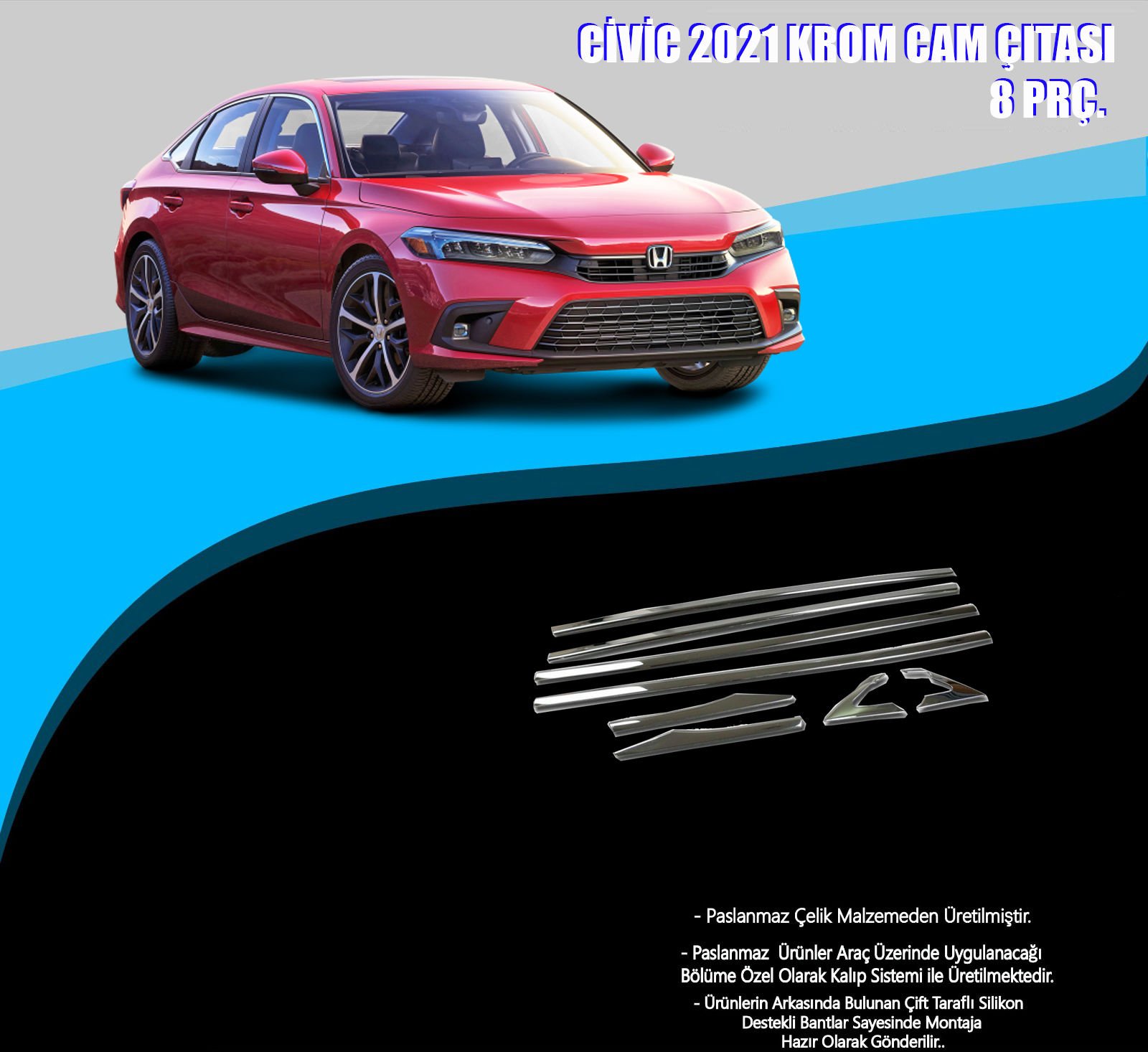 Honda Civic 2021 Model Krom Cam Çerçevesi 8 Parça FE1 (2022+)