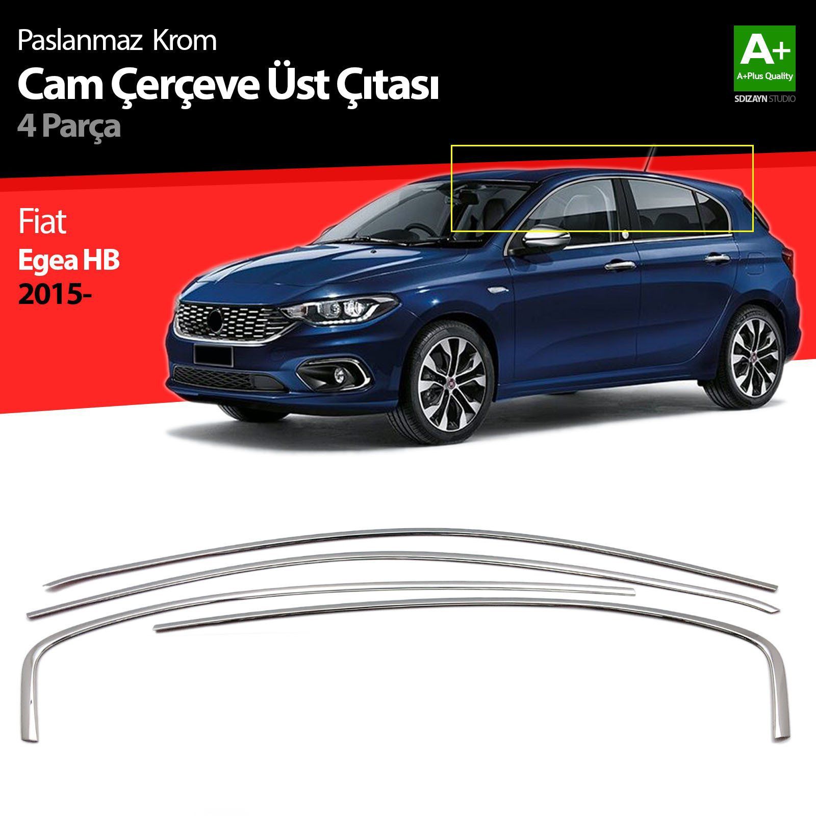 Fiat Egea Uyumlu Hatchback Krom Cam Üst Çıtası 4 Parça. 2015 Üzeri