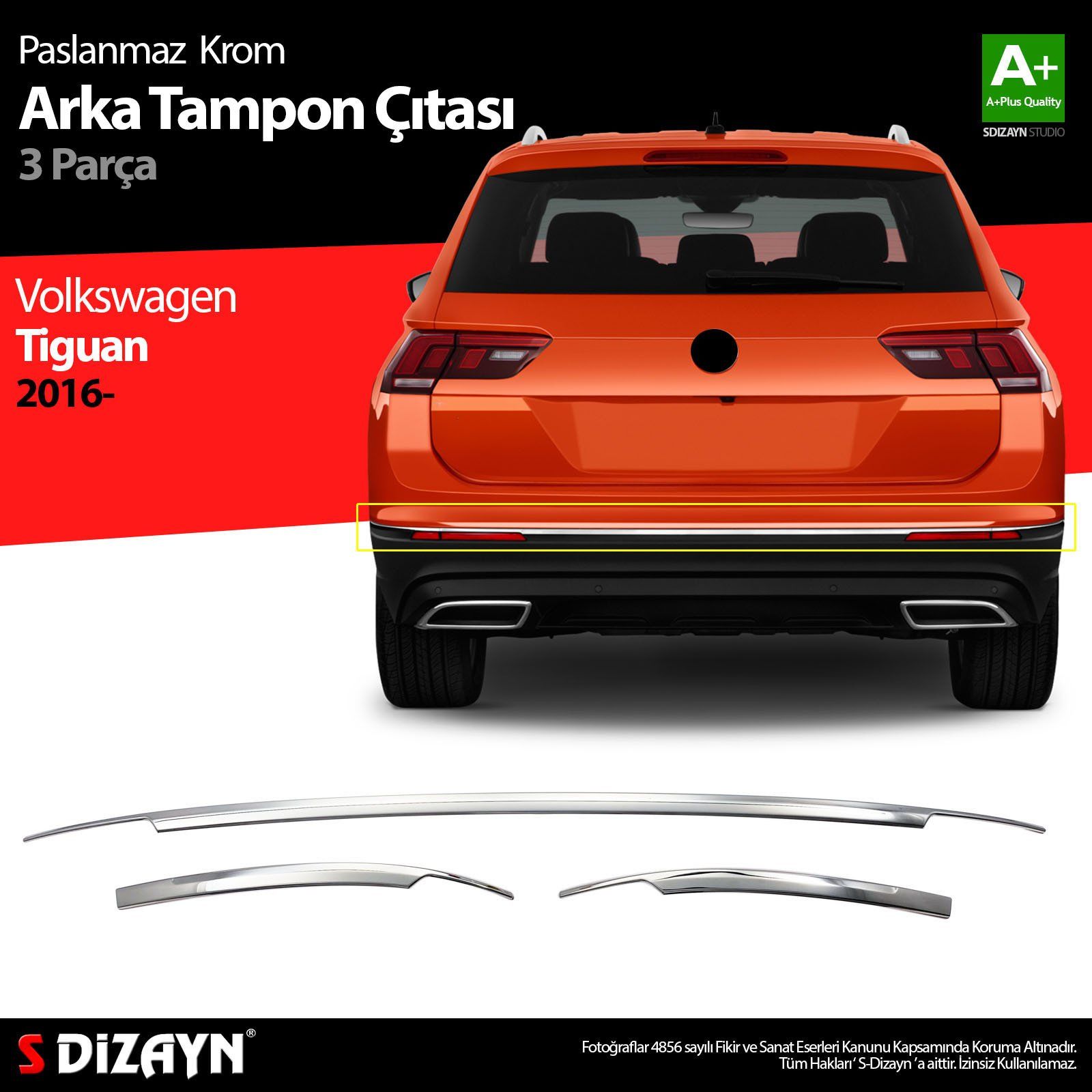 Volkswagen Tiguan Uyumlu Krom Arka Tampon Alt Çıtası 3 Parça. 2016 Üzeri