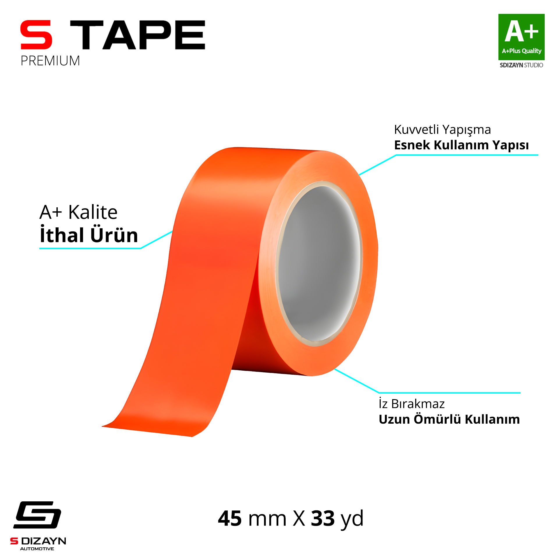 S-Dizayn Oto Cam - Montaj Bandı İthal Turuncu 45mm x 33 Yd A+Kalite