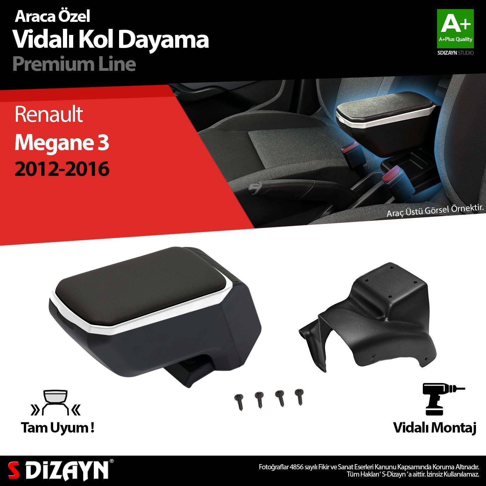 Renault Megane Uyumlu 3 ABS Vidalı Kol Dayama Kolçak Gri 2012-2016 A+Kalite Parça