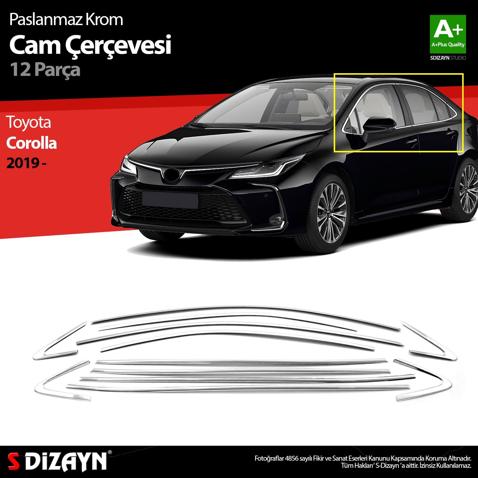 S-Dizayn Toyota Corolla Krom Cam Çerçevesi 12 Prç. 2019 Üzeri