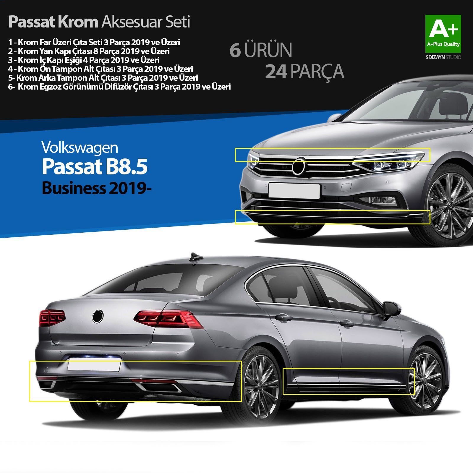 Volkswagen Passat Uyumlu B8.5 Business Krom Aksesuar Seti 24 Parça S Dizayn A+Kalite