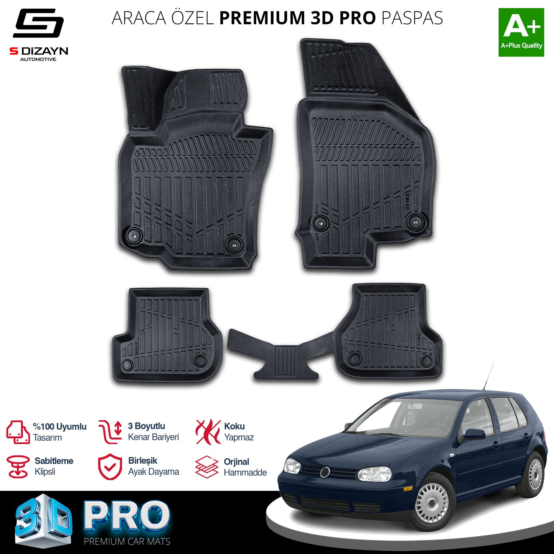 S-Dizayn VW Golf 4 3D Pro Havuzlu Paspas 1997-2005 A+ Kalite