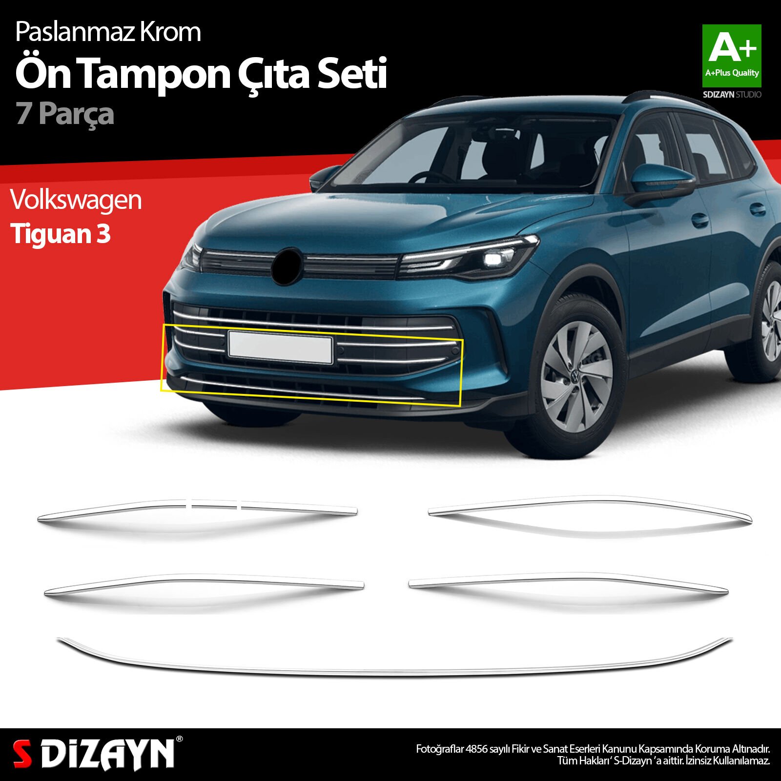 S-Dizayn VW Tiguan 3 Krom Ön Tampon Çıta Seti 7 Prç. 2024 Üzeri A+ Kalite