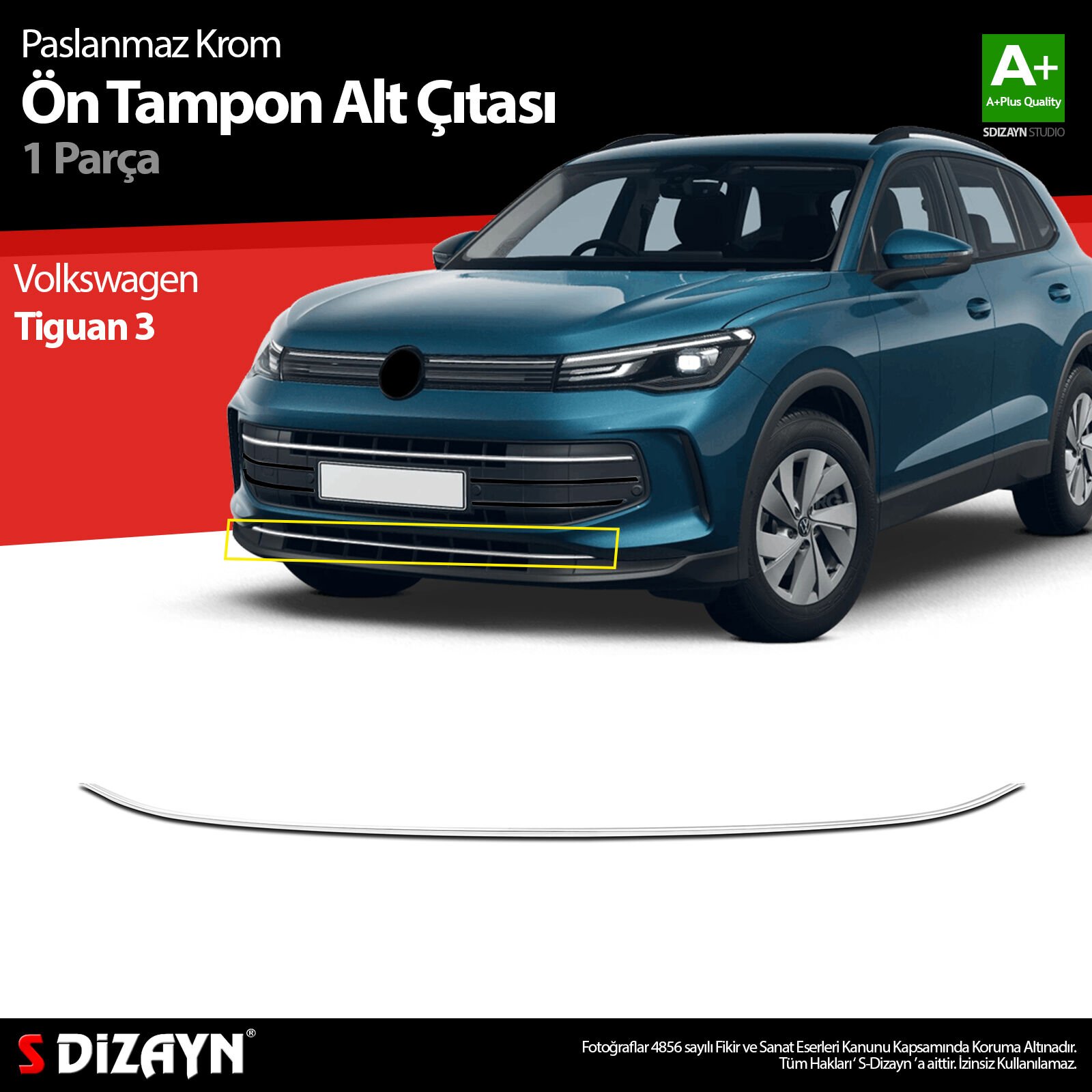 S-Dizayn VW Tiguan 3 Krom Ön Tampon Alt Çıtası 2024 Üzeri A+ Kalite