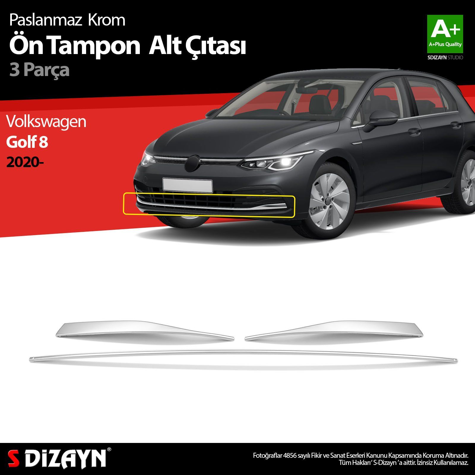 Volkswagen Golf Uyumlu 8 Hatchback Krom Ön Tampon Alt Çıtası 3 Parça. 2020 Üzeri Parça