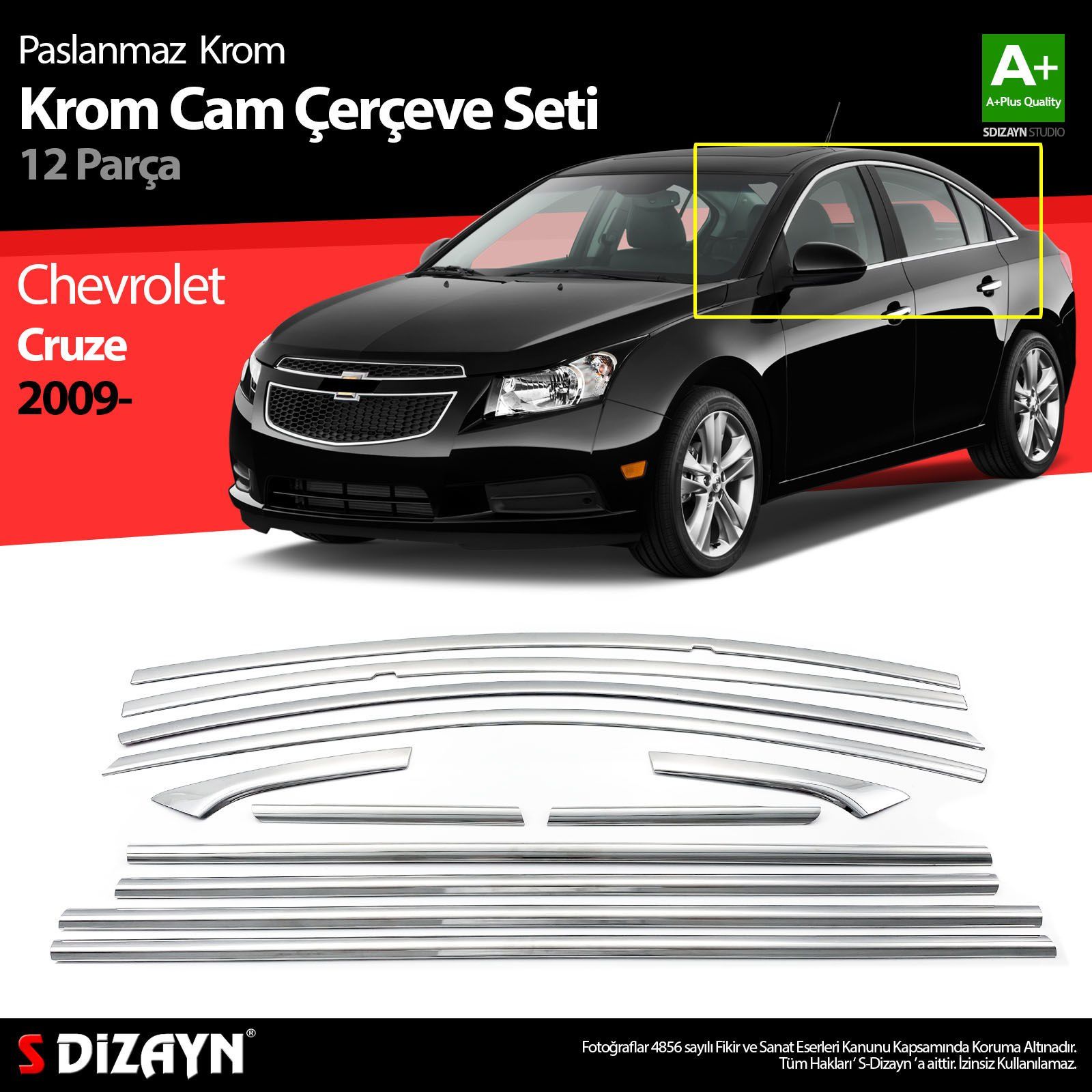 Chevrolet Cruze Uyumlu Sedan Krom Cam Çerçeve Seti 12 Parça 2009 Üzeri