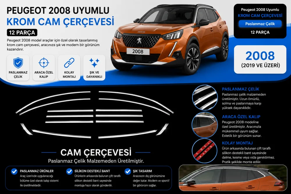 Peugeot 2008 Uyumlu Krom Cam Çerçevesi 12 Parça
