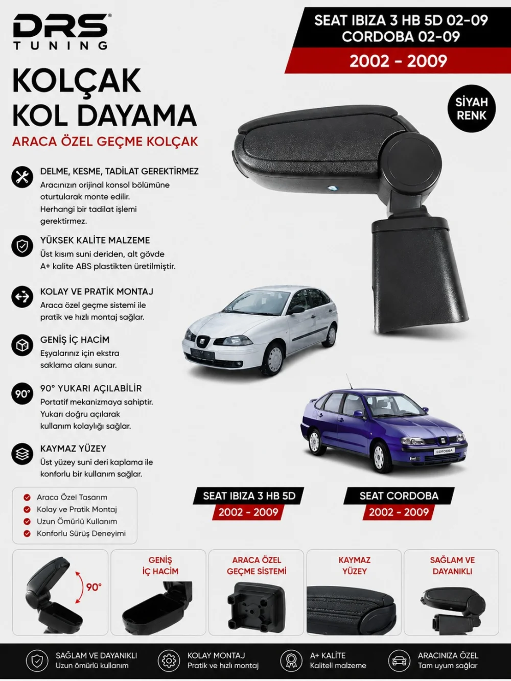 Seat İbiza / Cordoba 2002 -2009 Kolçak Kol Dayama Siyah
