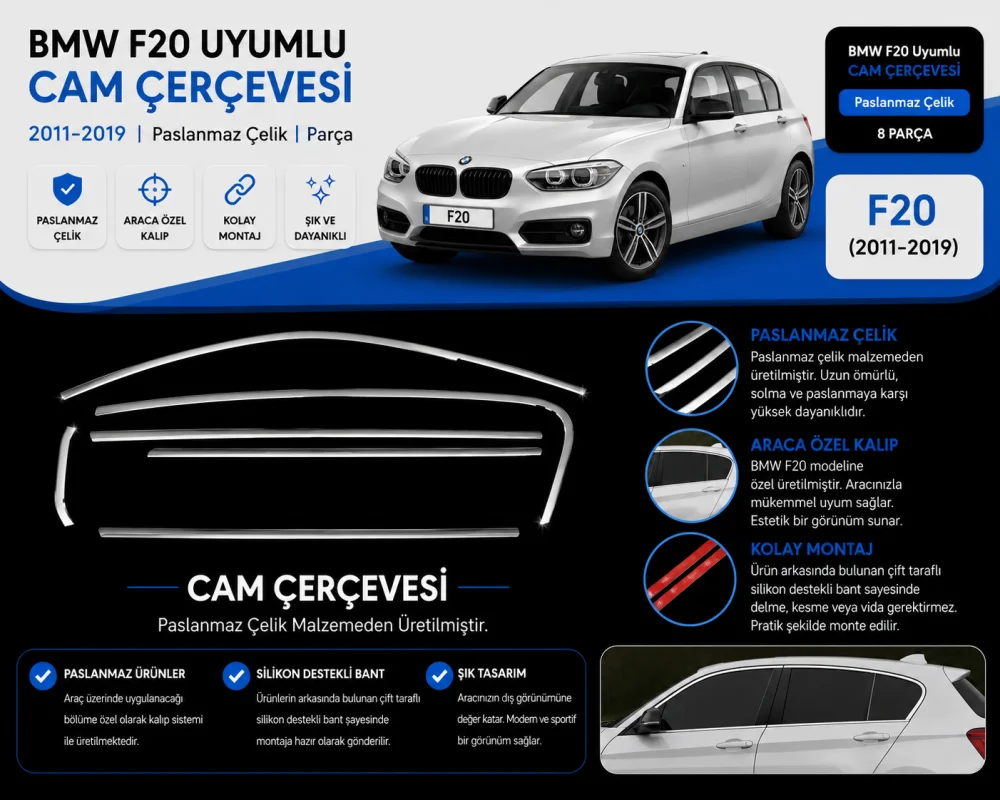 Bmw F20 Uyumlu Cam Çerçevesi 2011-2019 Paslanmaz Çelik Parça