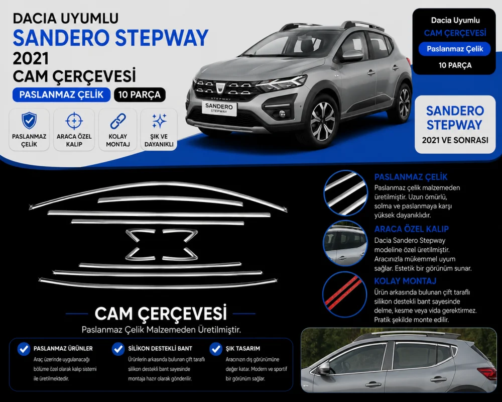 Dacia Uyumlu Sandero Stepway 2021 Krom Cam çerçevesi
