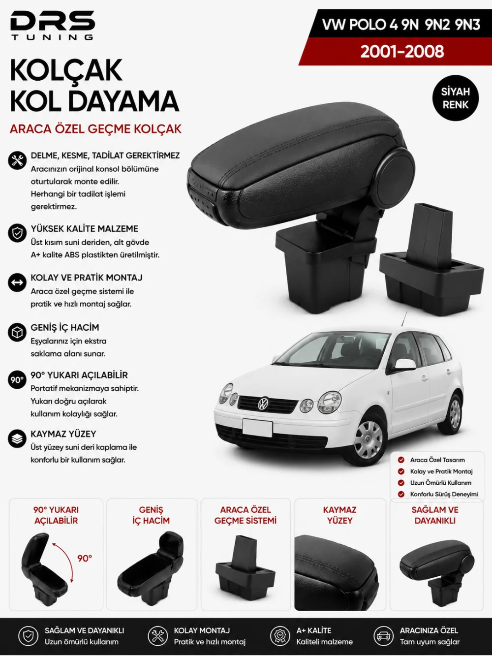 Volkswagen Polo 4 9N 9N2 9N3 2001 - 2008 Kolçak Kol Dayama Siyah