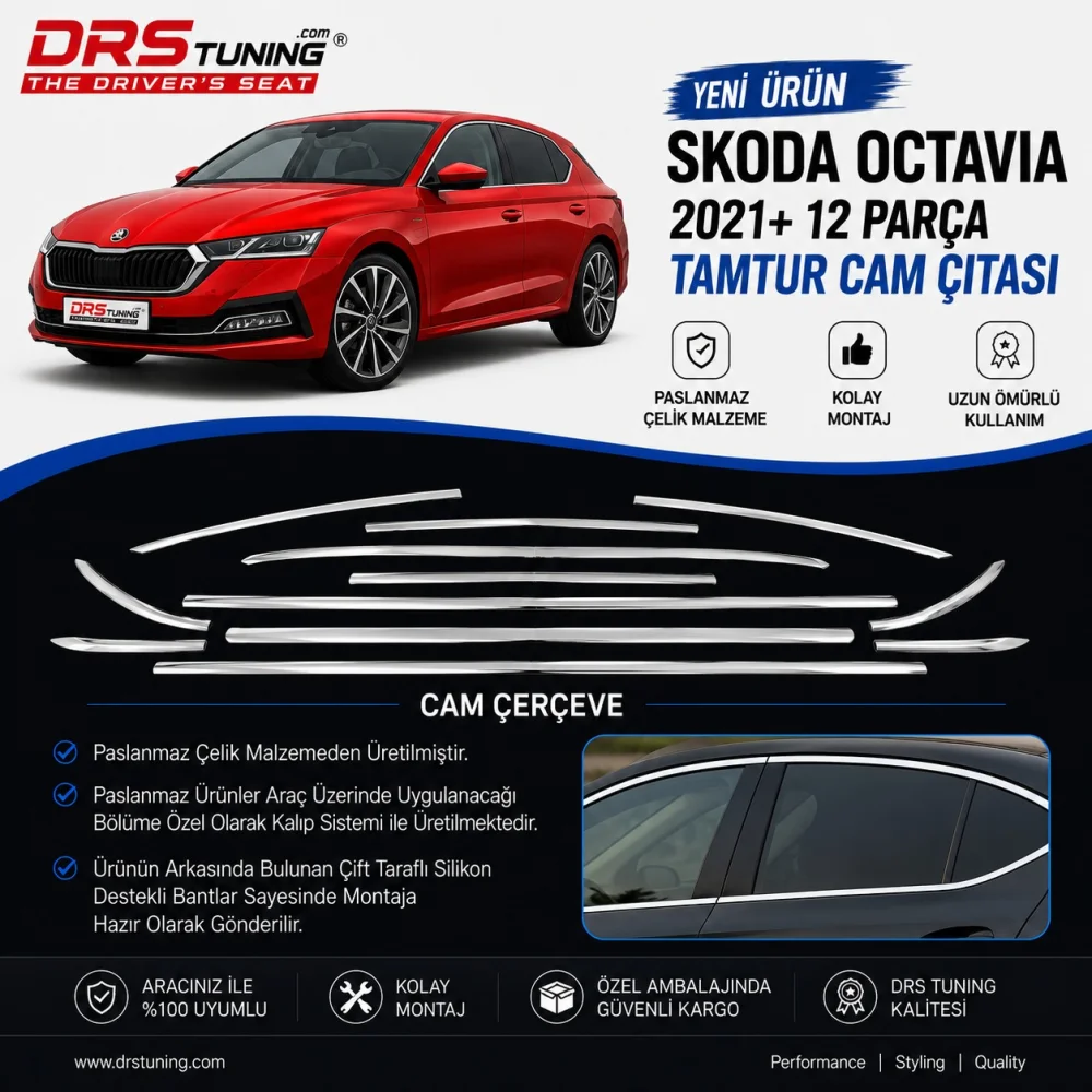 Skoda Octavia 2021+ Krom Cam Çerçevesi 12 Parça