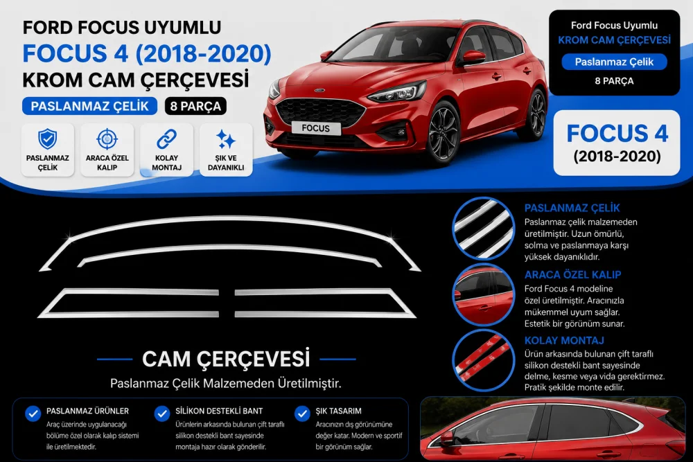 Ford Focus Uyumlu 4 Krom Cam Çerçevesi Paslanmaz Çelik 8 Parça Focus 4 (2018-2020)