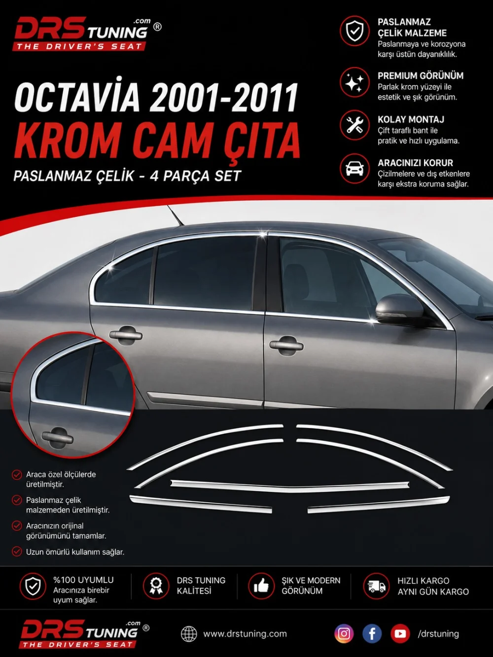 Skoda Octavia 2001 - 2011 Krom Cam Çerçevesi 4 Parça