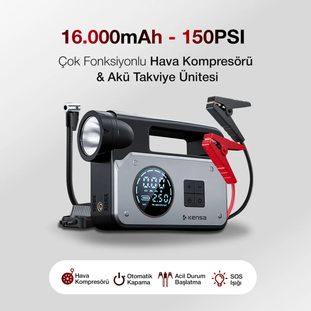 Akü takviye Cihazı Hava Kompresörü 16.000mAh - 150PSI