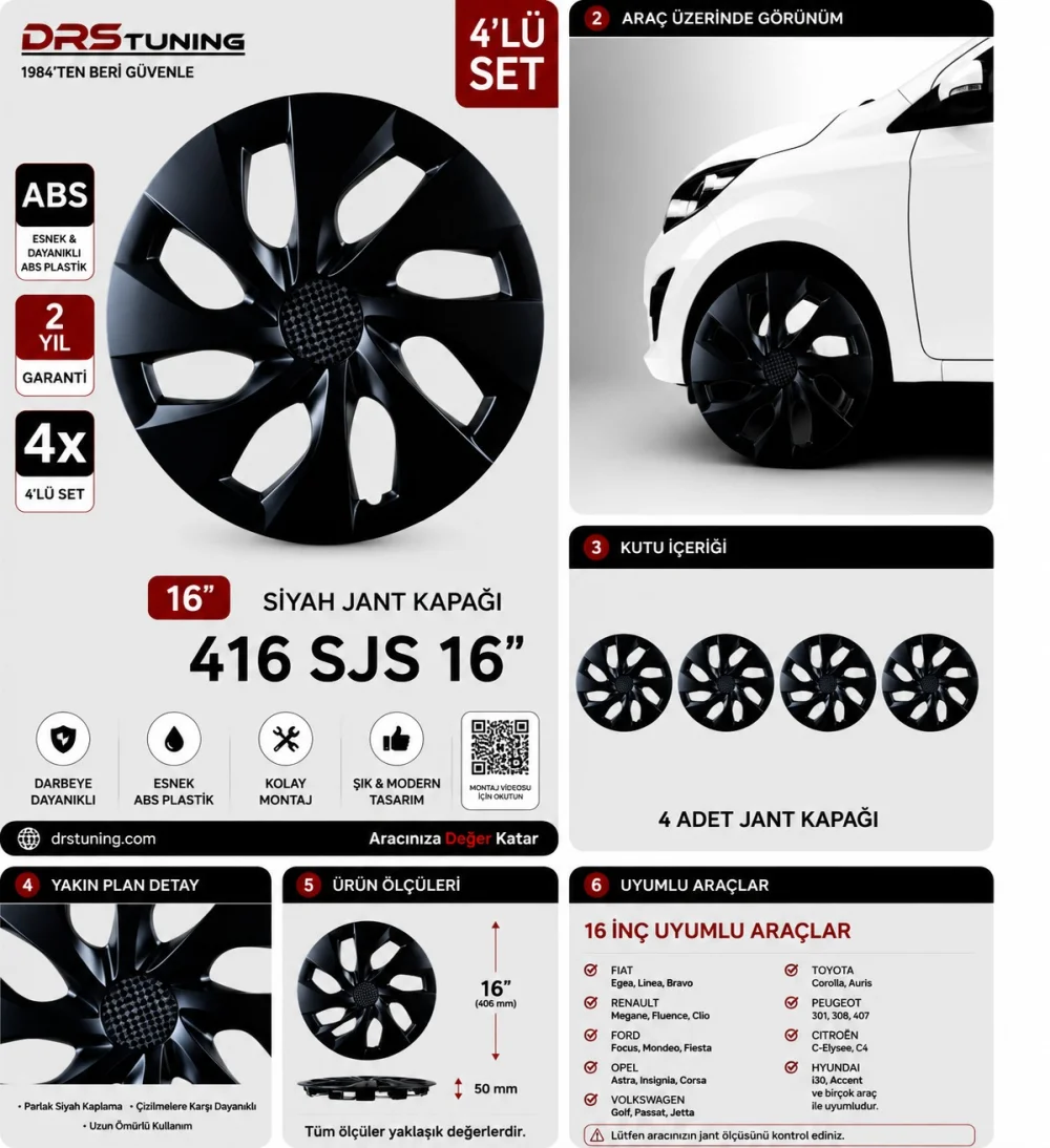 16 Inc Kırılmaz SKS Parlak Siyah Jant Kapağı 1 Takım 4 Adet No:416