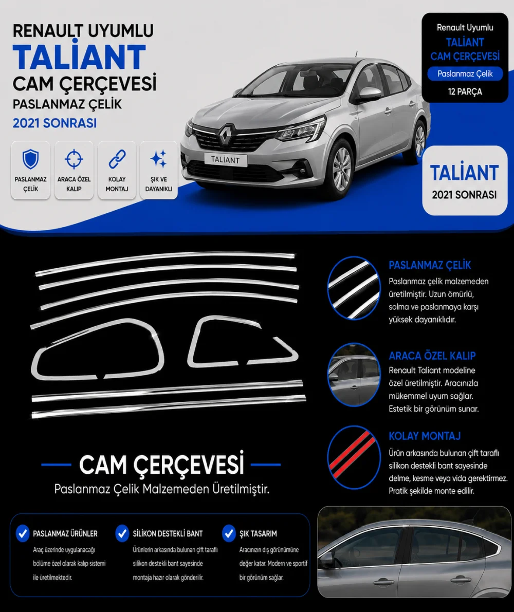 Renault Uyumlu Taliant 2021 Sonrası Cam Çerçevesi Paslanmaz Çelik