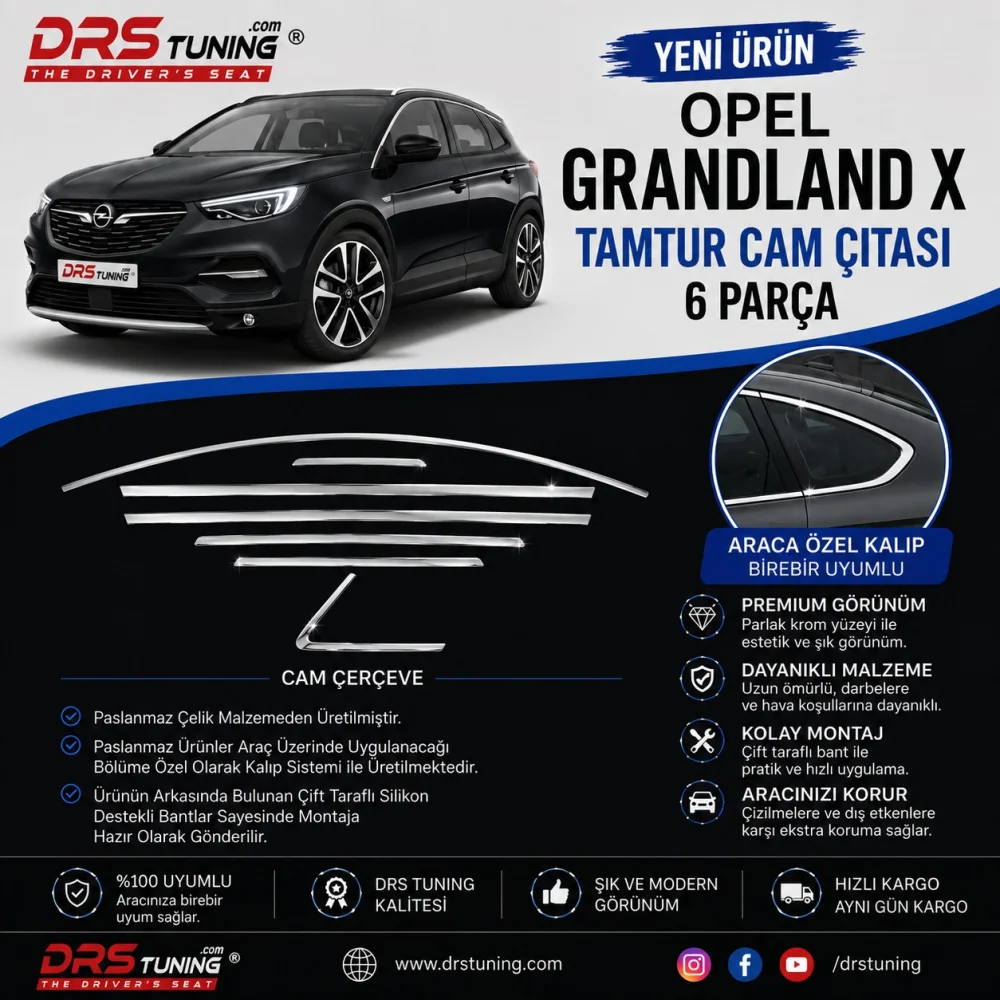 Opel Grandland X Krom Cam Çıtası 6 Parça
