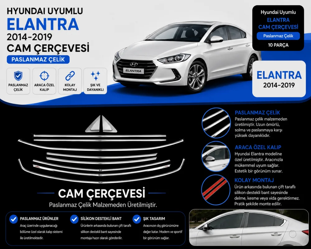 Hyundai Uyumlu Elantra 2014-2019 Cam Çerçevesi Paslanmaz Çelik