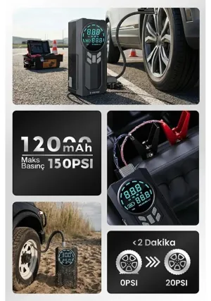 Akü takviye Cihazı Hava Kompresörü 12.000mAh - 150PSI - Görsel 5